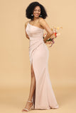 Blush Satin Mermaid One Shoulder Long Bridesmaid Dress with Slit