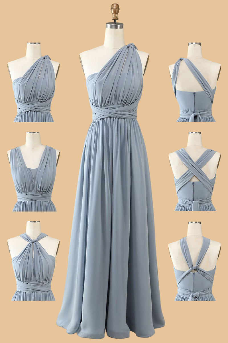 Load image into Gallery viewer, A Line One Shoulder V Neck Halter Neck Floor Length Grey Blue Bridesmaid Dress