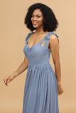 Grey Blue Spaghetti Straps Long Chiffon Bridesmaid Dress with Slit