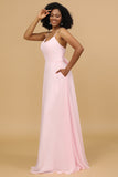 Spaghetti Straps Chiffon Pink Bridesmaid Dress