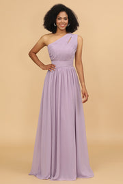 Lilac Chiffon One Shoulder Bridesmaid Dress with Ruffles