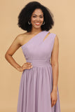 Lilac Chiffon One Shoulder Bridesmaid Dress with Ruffles