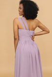 Lilac Chiffon One Shoulder Bridesmaid Dress with Ruffles