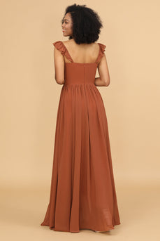 Terracotta Chiffon A-Line Floor Length Bridesmaid Dress With Ruffles
