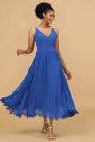 Royal Blue V-Neck Chiffon Bridesmaid Dress