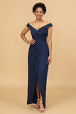 Navy Off The Shoulder Sheath Bridesmaid Dress