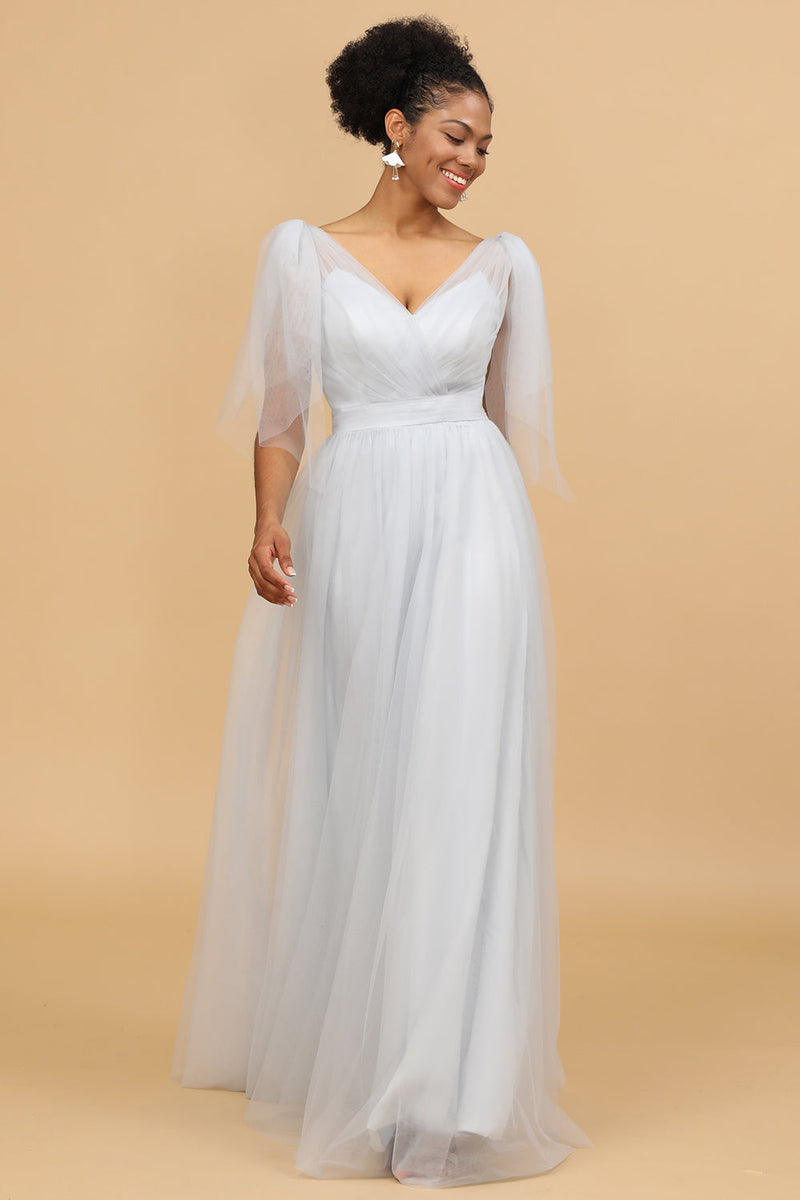 Load image into Gallery viewer, Grey Tulle V-Neck A-Line Bridesmaid Dress