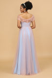 A Line Spaghetti Straps Pink Blue Tulle Long Bridesmaid Dress