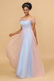 A Line Spaghetti Straps Pink Blue Tulle Long Bridesmaid Dress