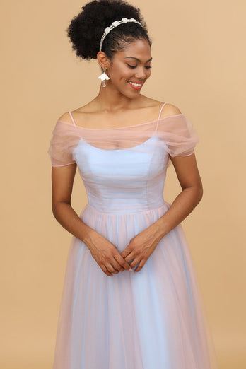 A Line Spaghetti Straps Pink Blue Tulle Long Bridesmaid Dress