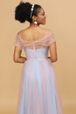 A Line Spaghetti Straps Pink Blue Tulle Long Bridesmaid Dress