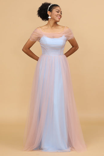 A Line Spaghetti Straps Pink Blue Tulle Long Bridesmaid Dress