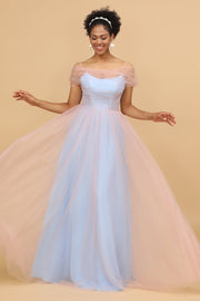 A Line Spaghetti Straps Pink Blue Tulle Long Bridesmaid Dress