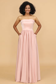 A Line Strapless Blush Satin Long Bridesmaid Dress