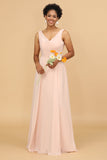 A Line V Neck Blush Chiffon Long Bridesmaid Dress