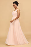 A Line V Neck Blush Chiffon Long Bridesmaid Dress