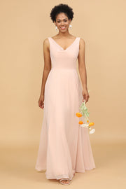 A Line V Neck Blush Chiffon Long Bridesmaid Dress