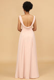 A Line V Neck Blush Chiffon Long Bridesmaid Dress