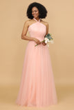 A Line Halter Blush Long Bridesmaid Dress