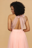 A Line Halter Blush Long Bridesmaid Dress