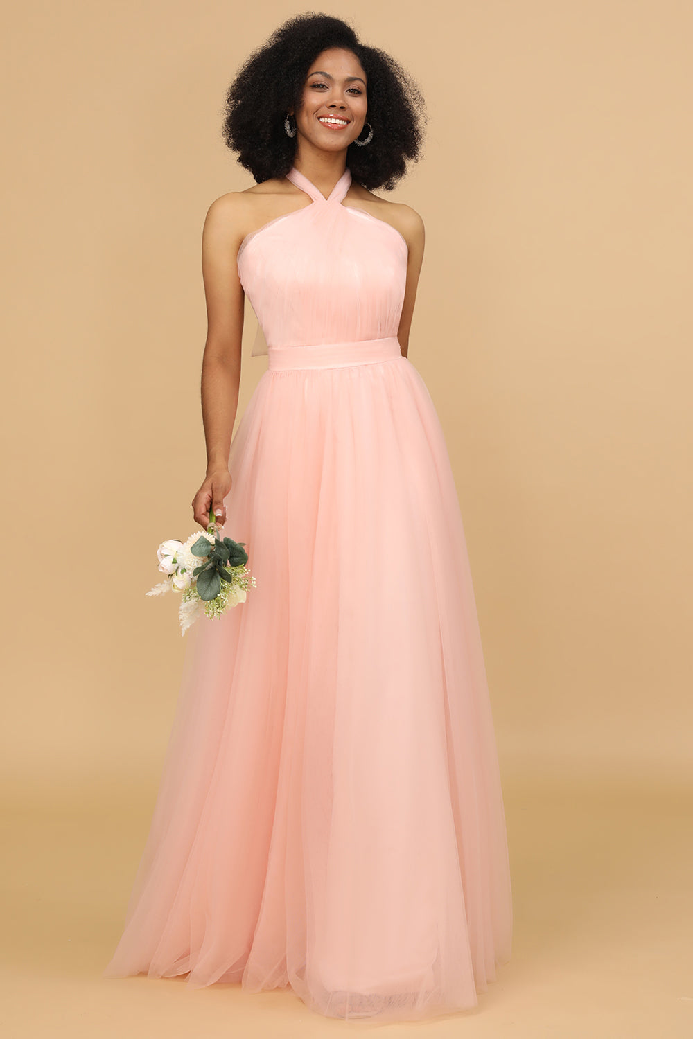 A Line Halter Blush Long Bridesmaid Dress