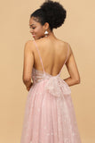 A Line Spaghetti Straps Blush Long Bridesmaid Dress