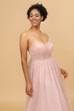 A Line Spaghetti Straps Blush Long Bridesmaid Dress