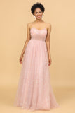 A Line Spaghetti Straps Blush Long Bridesmaid Dress