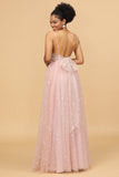 A Line Spaghetti Straps Blush Long Bridesmaid Dress