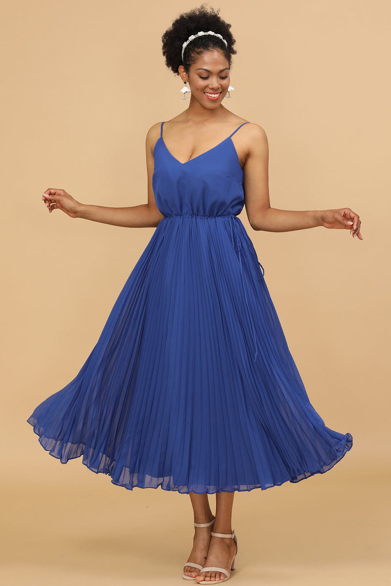 Load image into Gallery viewer, A Line Spaghetti Straps Royal Blue Tea Length Bridesmaid Dress