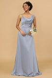 A Line Asymmetrical Neck Grey Blue Satin Long Bridesmaid Dress