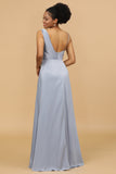 A Line Asymmetrical Neck Grey Blue Satin Long Bridesmaid Dress