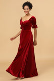 Red Velvet Half Sleeves Bridesmaid Dress With Slit