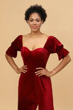 Red Velvet Half Sleeves Bridesmaid Dress With Slit