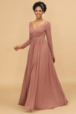 Blush V-Neck Long Sleeves Bridesmaid Dress