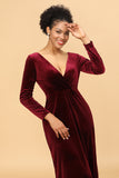 Sheath Burgundy Deep V-Neck Long Sleeves Velvet Bridesmaid Dress