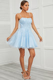 Blue Tulle Short Formal Dress with Appliques