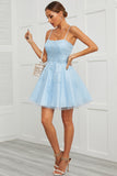 Blue Tulle Short Formal Dress with Appliques