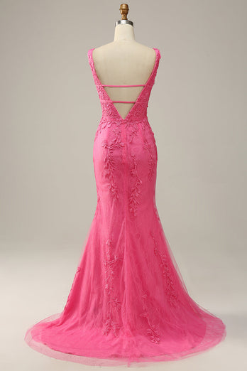 Mermaid Deep V Neck Hot Pink Long Formal Dress with Open Back
