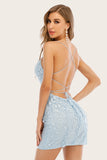 Light Blue Short Formal Dress with Lace Beading