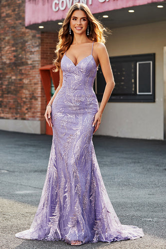 Lilac Sparkly Mermaid Long Formal Dress with Beading