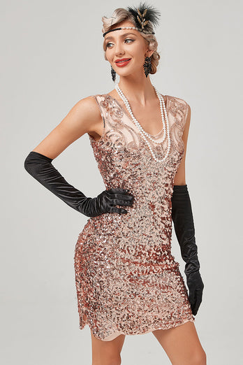 Rose Pink Sequined V-Neck 1920s Flapper Dress