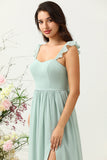 A Line Spaghetti Straps Dusty Sage Long Bridesmaid Dress with Ruffles