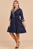 Navy Blue Vintage Plus Size Wrap Dress