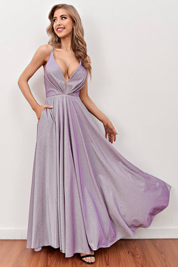 Lilac Deep V Neck Long Formal Dress with Cross Straps