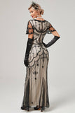 Black Blush Sequins Long 1920s Dress