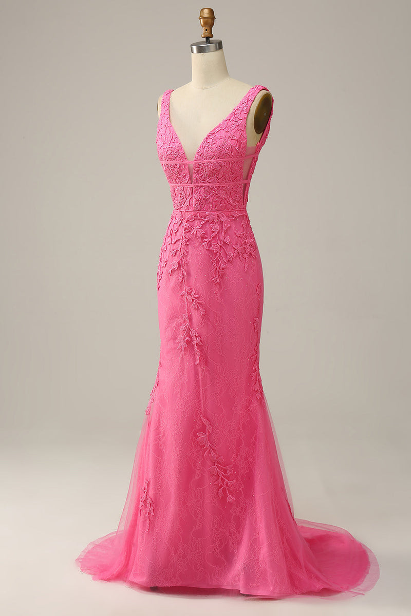 Load image into Gallery viewer, Mermaid Deep V Neck Hot Pink Long Formal Dress with Open Back