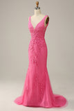 Mermaid Deep V Neck Hot Pink Long Formal Dress with Open Back