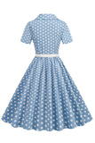 Hepburn Style V Neck Blue Polka Dots 1950s Dress