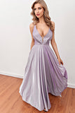 Lilac Deep V Neck Long Formal Dress with Cross Straps